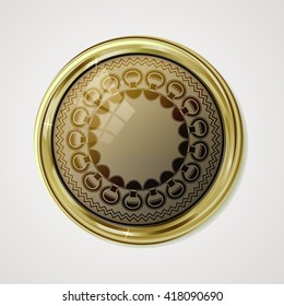 Vip gold label. Reliability and comfort. Light brown glossy stone  in gold with reflection and shine. Vector label for text on white background