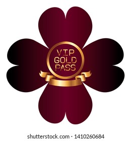 VIP gold pass font in round emblem frame with ribbon over red flower