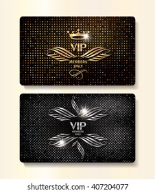VIP gold and silver cards with elegant flourishes and textured background