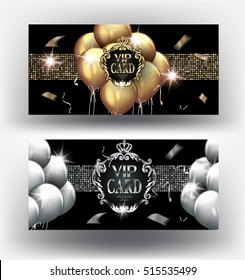 VIP gold and silver cards with  vintage frames and air balloons. Vector illustration