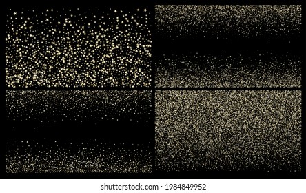 VIP Gold, Silver Glitter, Sparkles, Gradient Stars Confetti. Gold, Silver Rich Flying Stars Confetti. Sparkling Luxury New Year Christmas Decoration Vector Background. Sparkling Winter Frame.