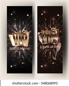 VIP gold vertical banners with serpentine  and glasses of champagne. Vector illustration