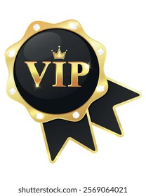 Vip Golden Badge, Lable, Emblem, Ribbon, Diamonds, Black, Golden Gradient, Vector Illustration