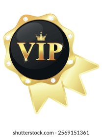 Vip Golden Badge, Lable, Emblem, Ribbon, Diamonds, Black, Golden Gradient, Vector Illustration