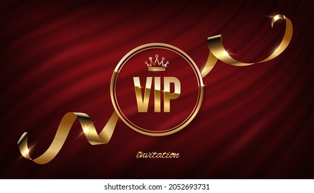 VIP golden circle frame invitation with wavy silk ribbon on curtain vector illustration. Realistic 3d exclusive premium gold certificate with vip text, privilege of membership on red fabric background