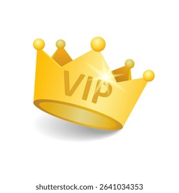 VIP. The golden crown is highlighted on a white background. 3D golden crown symbol. Signs of a luxury gold crown's rating or status, customer reviews, and popularity. Vector illustration
