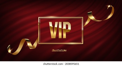 Vip golden frame invitation with wavy silk ribbon on curtain vector illustration. Realistic 3d exclusive premium gold certificate frame with vip text, privilege of membership on red fabric background