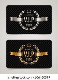VIP dourado e cartão de platina - tipo de design com coroa, coroa de louro e fita em um fundo padrão preto. Ilustração vetorial.