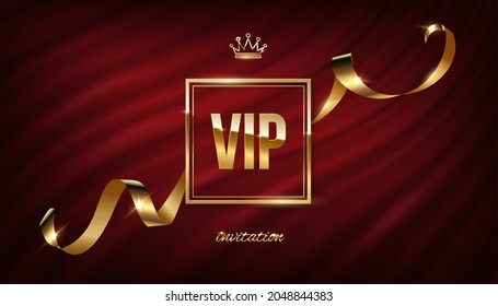 VIP golden square frame invitation with wavy silk ribbon on curtain vector illustration. Realistic 3d exclusive premium gold certificate with vip text, privilege of membership on red fabric background