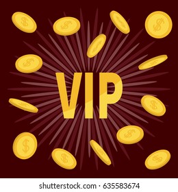 VIP. Golden text Flying coin rain with dollar sign. Online casino, roulette, poker, slot machines, card games, gambling club banner. Flat design. Bordo starburst sunburst background. Vector