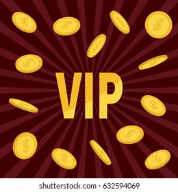VIP. Golden text Flying dollar sign gold coin rain. Online casino, roulette, poker, slot machines, card games, gambling club banner. Flat design. Bordo starburst sunburst background. Vector