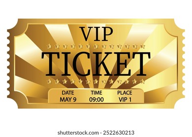 vip golden ticket  isolated on white background. Retro ticket design template. Admit one. Ticket for cinema, movie, circus, carnival, film, festival, casino, club, party, vip. Vector.