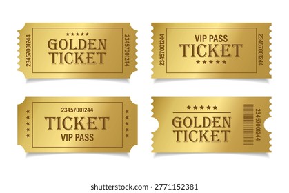 Vip Golden ticket mockup set. Luxury style and gold colors template Tickets Set. For cinema, sale coupon, circus, theater, festival. Minimalist coupons. Isolated background