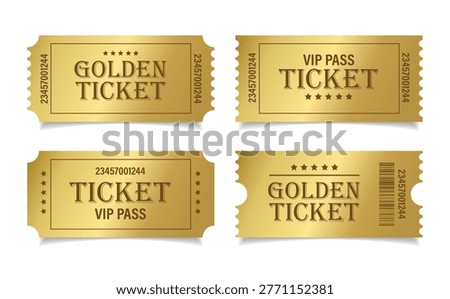 Vip Golden ticket mockup set. Luxury style and gold colors template Tickets Set. For cinema, sale coupon, circus, theater, festival. Minimalist coupons. Isolated background