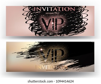 Vip grunge invitation cards with golden dust and doodles. Vector illustration