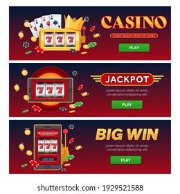 VIP Horizontal Web Banner Set, Vector Online Casino Text Club Golden Logo Concept. Slot Machine, Falling Golden Coins Jackpot
