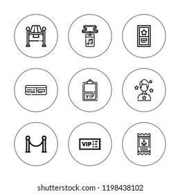 Vip icon set. collection of 9 outline vip icons with backstage, celebrity, plane ticket, red carpet icons. editable icons.