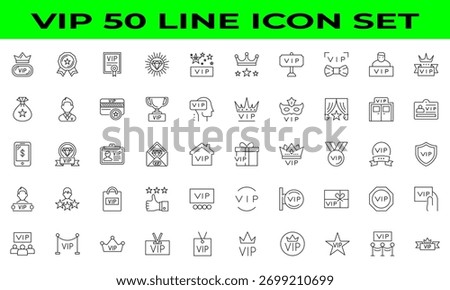 VIP icon set. Containing crown, diamond, quality, vip card, exclusive, customer, red carpet, laurel, victory, star, service, benefit and more. Editable line icons. Vector illustration.