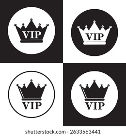 Vip icon set. Premium and Luxury VIP badge. Circle sign with crown and text. Monochrome design. flat vector illustration