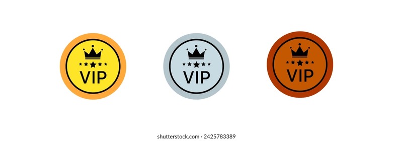 VIP icons. Flat, color, crown icon, VIP signs with crown and stars, VIP stamps. Vector icons