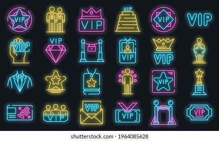 Vip icons set. Outline set of vip vector icons neon color on white