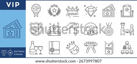 VIP icons set. Text badge, crown, star badge, diamond, golden ticket, lounge, medal, Limousine, key, and many more. Vector editable stroke.