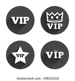 VIP icons. Very important person symbols. King crown and star signs. Circles buttons with long flat shadow. Vector