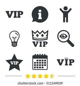 VIP icons. Very important person symbols. King crown and star signs. Information, light bulb and calendar icons. Investigate magnifier. Vector