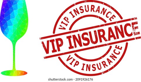 Vip Insurance scratched badge, and lowpoly rainbow colored wine glass icon with gradient. Red seal includes Vip Insurance tag inside circle and lines template.