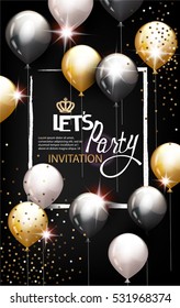 VIP INVITATION  BACKGROUND WITH FRAME, AIR BALLOONS AND CONFETTI. VECTOR ILLUSTRATION