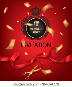 VIP invitation background with red ribbon and gold confetti