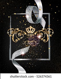 VIP INVITATION  BACKGROUND WITH SILVER CUT RIBBON AND SILVER FRAME AND CONFETTI. VECTOR ILLUSTRATION