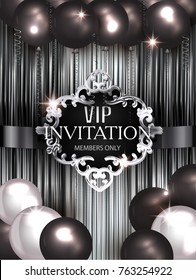 Vip invitation banner with air balloons and vintage frame. Vector illustration