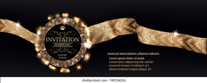VIP invitation banner with gold ribbons with pattern. Vector illustration