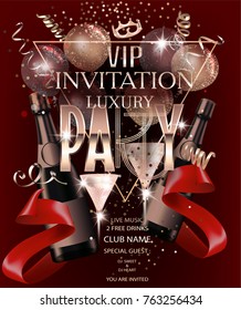 VIP INVITATION BANNER WITH RED RIBBONS AND PARTY OBJECTS. VECTOR ILLUSTRATION