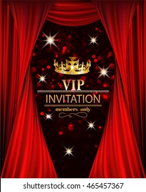 VIP INVITATION BANNER WITH RED THEATER CURTAINS  AND GOLD CROWN. VECTOR ILLUSTRATION