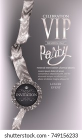 VIP invitation banner with silver ribbon with pattern. Vector illustration