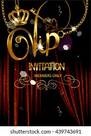 VIP INVITATION BANNER WITH THEATER CURTAINS AND GOLD PENDANTS