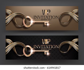 Banderas de invitación VIP con llave en cinta rayada y letras de oro. Ilustración del vector