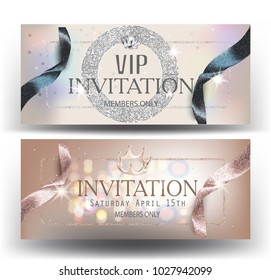 VIP invitation banners with  ribbons and luxurious elements. Vector illustration
