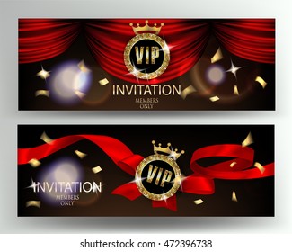 VIP invitation banners with ribbons theater curtains and confetti. Vector illustration