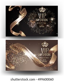 VIP Invitation banners with sparkling curly ribbons and crowns. Vector illustration