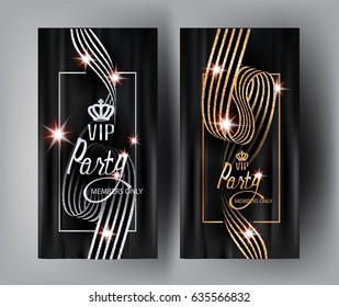 VIP invitation banners with striped curly ribbons, vintage frame and black curtains on the background. Vector illustration