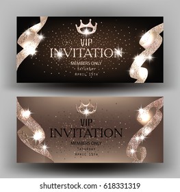 VIP invitation beige cards with sparkling textured ribbons. Vector illustration