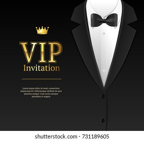 Vip Invitation with Bow Tie Template Card Banner for Ceremony, Party Luxury Style. Vector illustration of Bowtie Element Male Costume