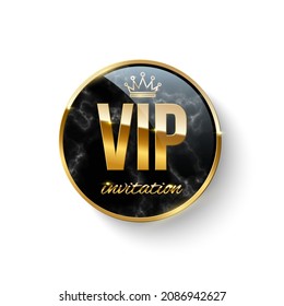 Vip invitation button with gold crown, border and text on black marble texture vector illustration. 3d realistic luxury label certificate, glossy royal privilege badge for customer isolated on white