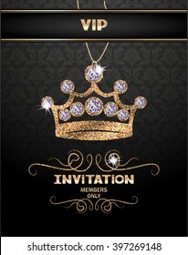 VIP invitation card with abstract sparkling crown with diamonds