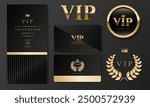 VIP invitation card, banner or flyer with golden elements on black background. Minimalistic Luxury premium design set for event invite, celebration party, formal reception.