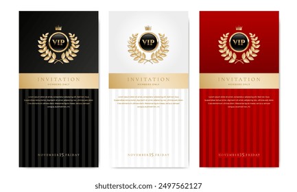 VIP invitation card, banner or flyer with golden elements on black, white and red background. Luxury premium design set for event invite, celebration party, formal reception.