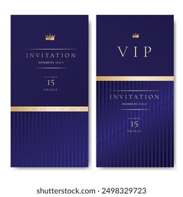 VIP invitation card, banner or flyer with golden elements on blue background. Luxury premium design set